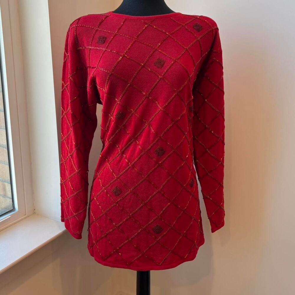 Liz Claiborne Red Wool Beaded Holiday Knit Sweater, Shoulder Pads Sz Medium